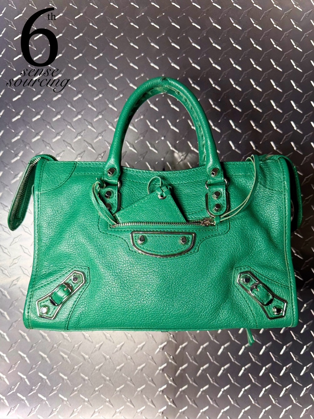 Balenciaga Leather Small Metallic Edge Moto City Bag in Emerald Green
